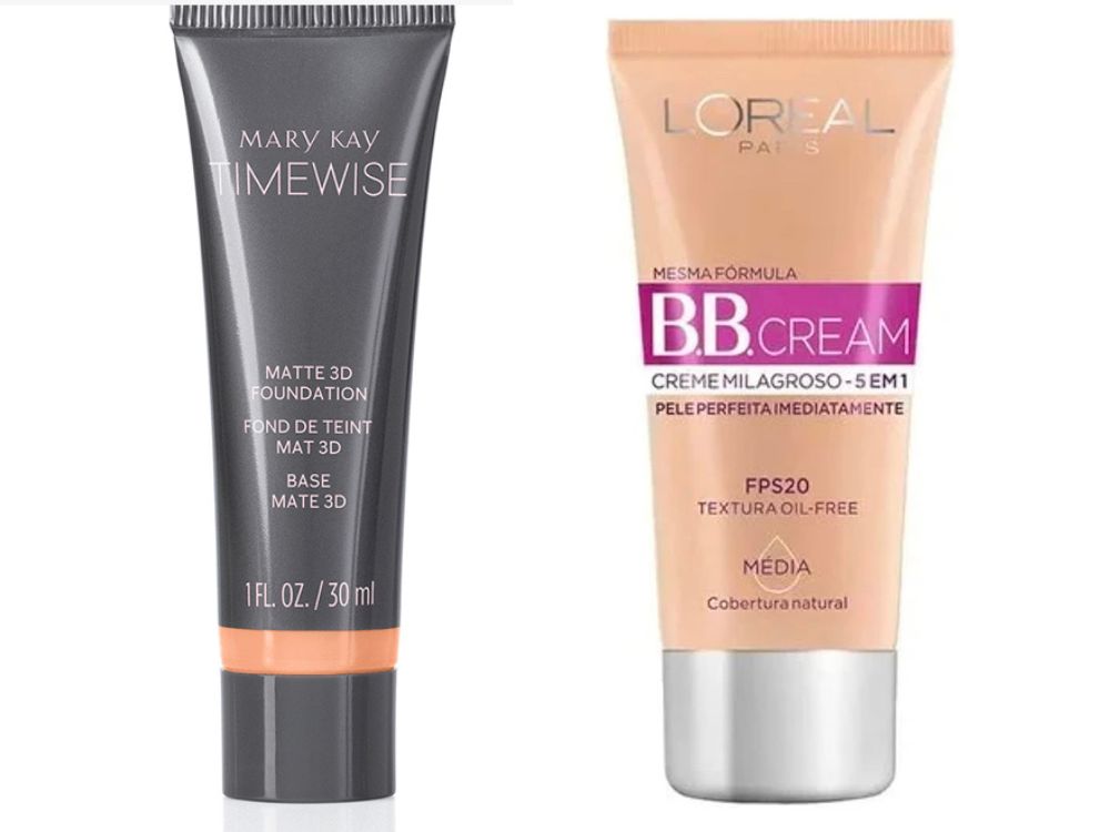 Kit básico de maquiagem 9 itens em tons nude. a imagem é de uma base e um BB cream