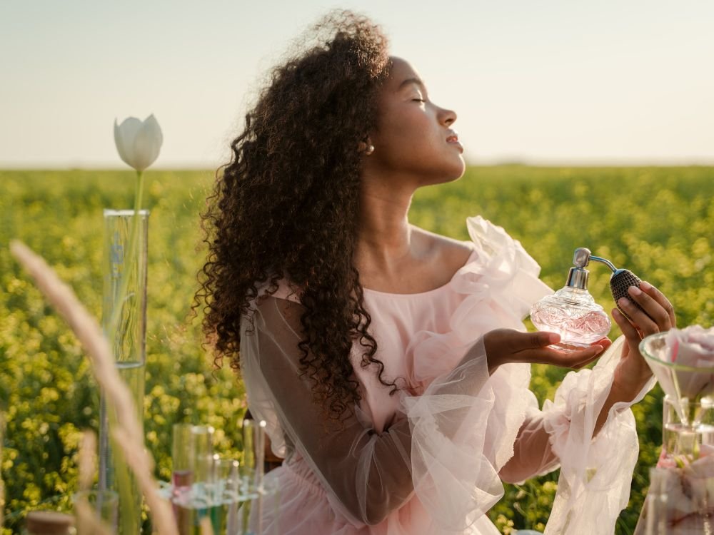 Perfumes femininos para o verão: leves, doces e refrescantes imagem de um mulher jovem passando perfume no jardim