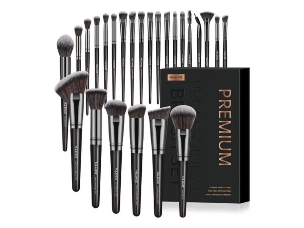 Melhores-kits-de-Pinceis-de-Maquiagem foto: Conjunto de pincéis Maange: 25 pincéis de maquiagem profissionais com caixa, kit de pincéis de alta qualidade Kabuki Foundation Brush, pincel facial, pincel de olhos, preto