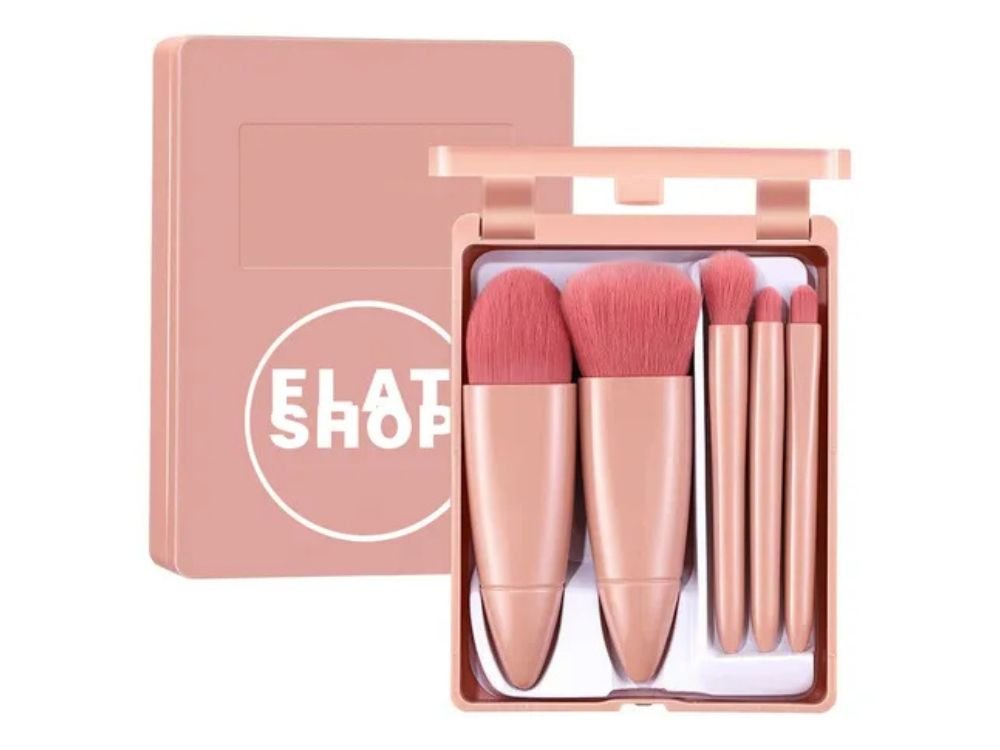 Melhores-kits-de-Pinceis-de-Maquiagem foto: pinceis de maquiagem - Kit de Pincéis de Maquiagem Flatshop Rosa Pálido 5 Peças com Nécessaire e Espelho